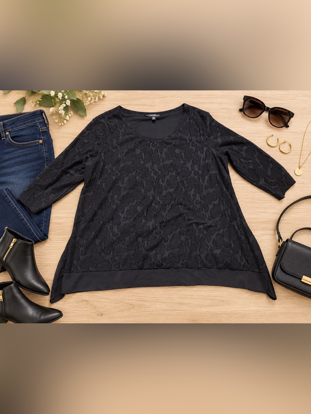 Simply Vera Vera Wang Black Floral Lace Blouse 3/4 Sleeve Plus XXL